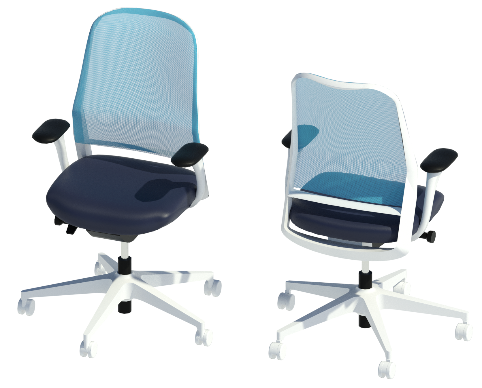 Revit render of the ME Mesh task chair with swivel five star frame, Leather (dark blue) 74/22 upholstery and Vivid (blue) 34/1901 mesh backrest.